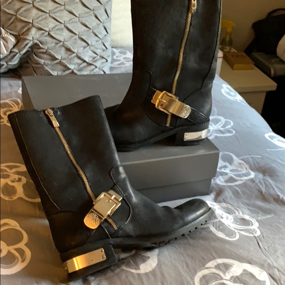 Vince Camuto black boots with gold detail